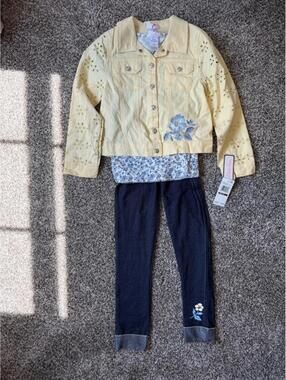 Little Lass 3 Piece Yellow Eyelet Jacket Outfit with tee and leggings